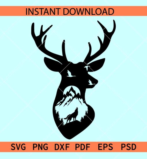 Duck Deer and wolf SVG, Hunting Season SVG, Deer Hunting SVG, Stag head with mountain SVG