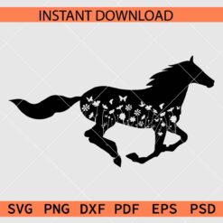 Floral running Horse Silhouette SVG, Floral Racing Horse Vector SVG