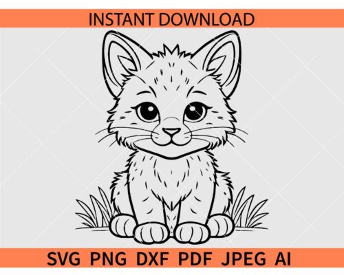 Cute Baby lynx Sitting SVG, Baby lynx outline SVG, Baby Lynx Coloring Page SVG