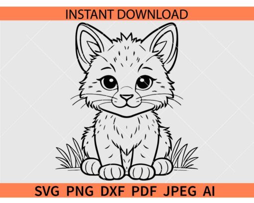 Cute Baby lynx Sitting SVG, Baby lynx outline SVG, Baby Lynx Coloring Page SVG