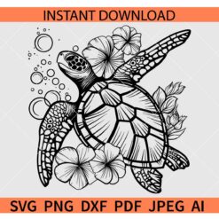 Floral Turtle Outline SVG, Turtle Outline Bubbles SVG, Turtle Outline Flowers SVG