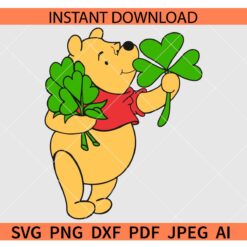 Winnie the Pooh with Clover Leaf SVG, Winnie with Shamrock Leaf SVG, St. Patrick's Day Winnie SVG