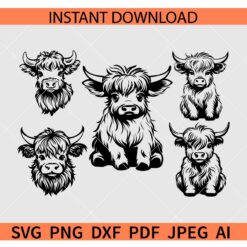 Cute Highland Cow Sitting Bundle SVG, Baby Highland Cow Bundle SVG, Highland Calf Bundle SVG