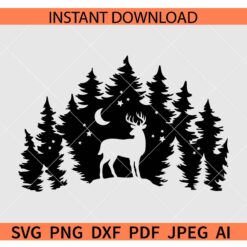 Deer Night Scene SVG, Deer Moon Silhouette Silhouette SVG, Deer in the pine forest SVG