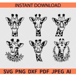 Giraffe Head Bundle SVG, Floral Giraffe Bundle SVG, Giraffe face Sunglasses SVG