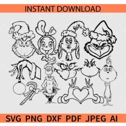 Grinch Face Sketch Bundle SVG,  Grinch Hand Grinch Outline Bundle SVG, Christmas Grinch bundle SVG