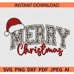 Merry Christmas Leopard Print SVG PNG, Merry Christmas Varsity Font with Santa Hat SVG