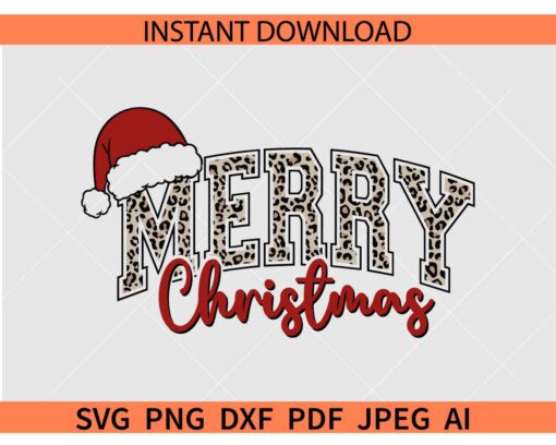 Merry Christmas Leopard Print SVG PNG, Merry Christmas Varsity Font with Santa Hat SVG