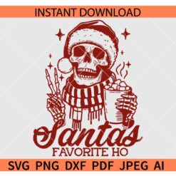 Santa's Favorite HO Skeleton SVG, Santa Skeleton Peace Hand SVG, Santa Skeleton with Iced Coffee SVG