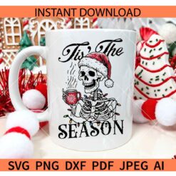 Tis' the season santa skeleton SVG, Tis' the season skeleton with christmas lights SVG