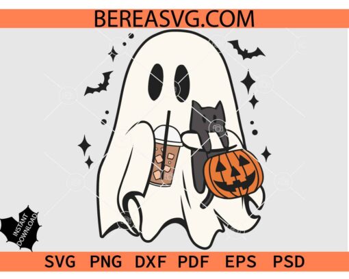 Cute Ghost Coffee SVG, Ghost with Pumpkin SVG, Halloween Ghost Coffee SVG