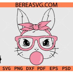 Easter Bunny Face with Bow Sunglasses and bubble gum SVG, Easter Bunny Bandana SVG