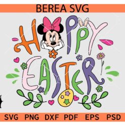 Floral Minnie Happy Easter SVG, Happy Easter Minnie Head Flowers SVG, Minnie with Bow Happy Easter SVG